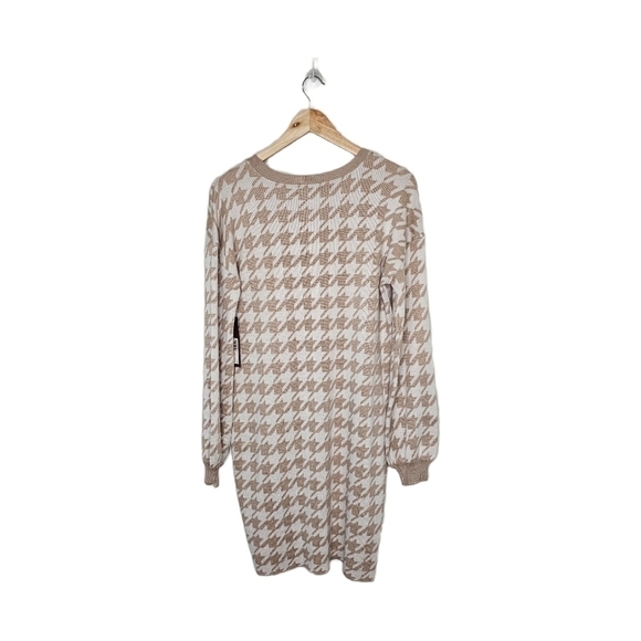 Knit houndstooth puff sleeve tan and white midi dress NWT - Picture 12 of 14